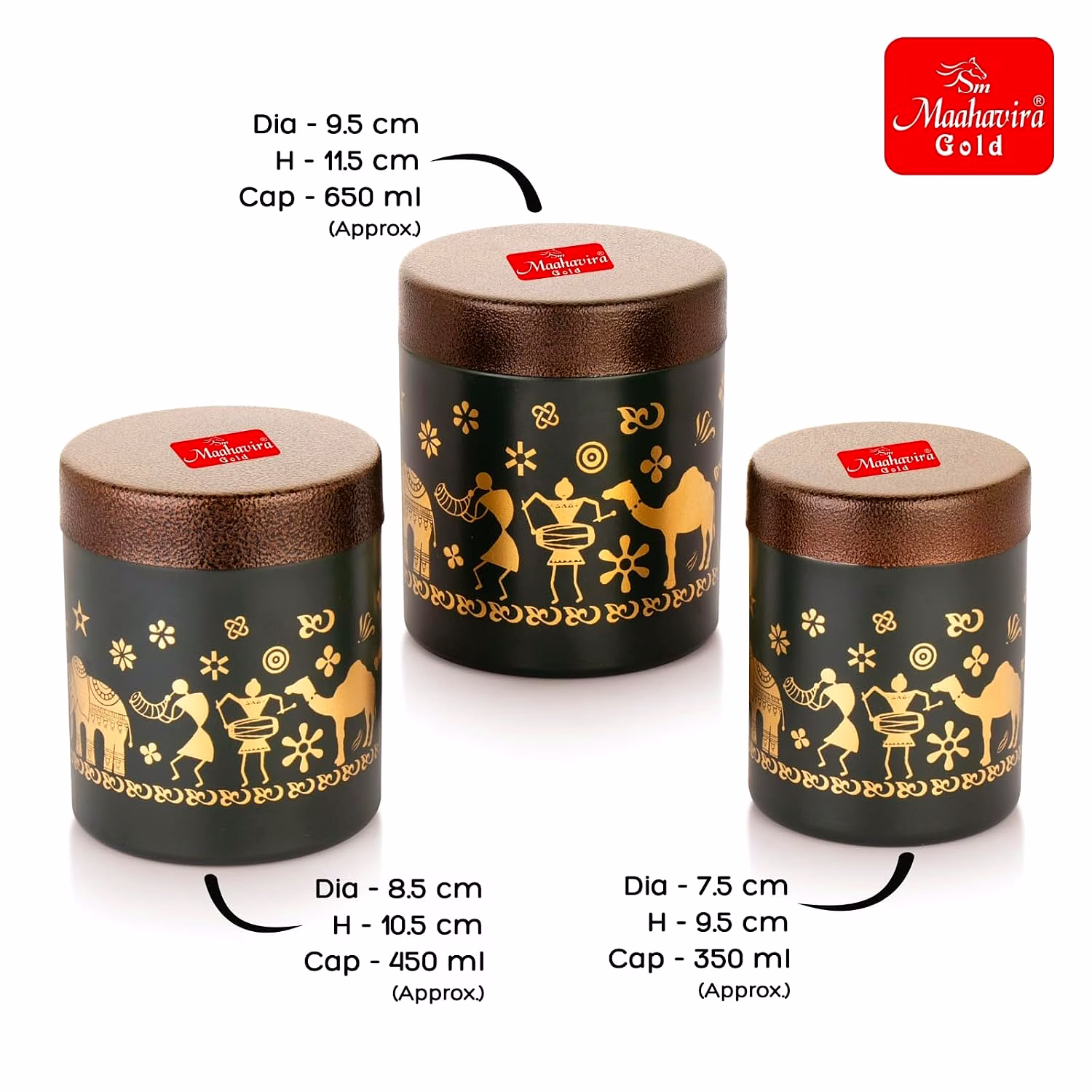 Maahavira Gold Stainless Steel Shanai Printed Design Containers Set with Air Tight Lid Use for Dry fruits, Chocolates, Biscuits, Tea, Sugar & Coffee, 650ml, 450ml & 350ml Set of 3 -Chocolate Brown image 6