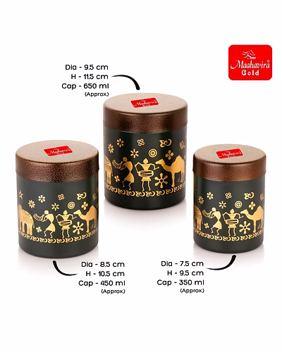 Maahavira Gold Stainless Steel Shanai Printed Design Containers Set with Air Tight Lid Use for Dry fruits, Chocolates, Biscuits, Tea, Sugar &amp; Coffee, 650ml, 450ml &amp; 350ml Set of 3 -Chocolate Brown-5