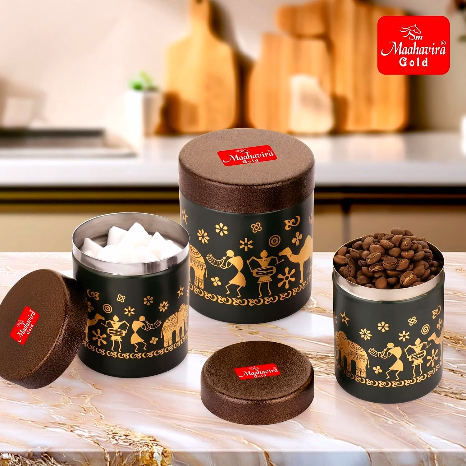 Maahavira Gold Stainless Steel Shanai Printed Design Containers Set with Air Tight Lid Use for Dry fruits, Chocolates, Biscuits, Tea, Sugar & Coffee, 650ml, 450ml & 350ml Set of 3 -Chocolate Brown image 7