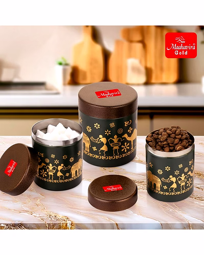 Maahavira Gold Stainless Steel Shanai Printed Design Containers Set with Air Tight Lid Use for Dry fruits, Chocolates, Biscuits, Tea, Sugar &amp; Coffee, 650ml, 450ml &amp; 350ml Set of 3 -Chocolate Brown-6