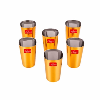 maahavira gold iconic square shape gold coating matte finish glasses deal for water, juice, hot-cold drinks, cocktail, milkshake, smoothie, home, party, restaurant, gifting, 250 ml - set of 6
