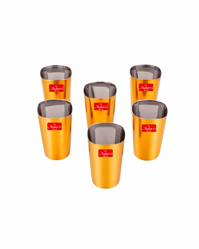 Maahavira Gold Iconic Square Shape Gold Coating Matte Finish Glasses Deal for Water, Juice, Hot-Cold Drinks, Cocktail, Milkshake, Smoothie, Home, Party, Restaurant, Gifting, 250 ml - Set of 6-SJMT-SQR-GLS-PVD-Ham-Set6