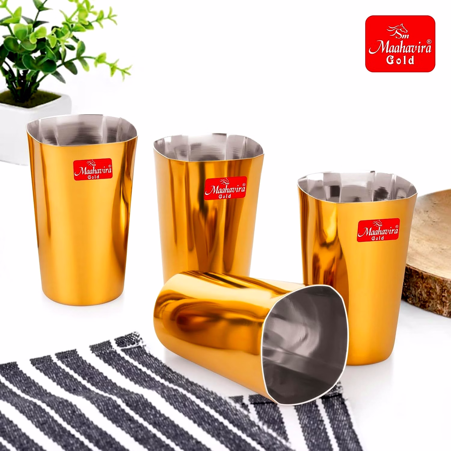 Maahavira Gold Iconic Square Shape Gold Coating Matte Finish Glasses Deal for Water, Juice, Hot-Cold Drinks, Cocktail, Milkshake, Smoothie, Home, Party, Restaurant, Gifting, 250 ml - Set of 6 image 2