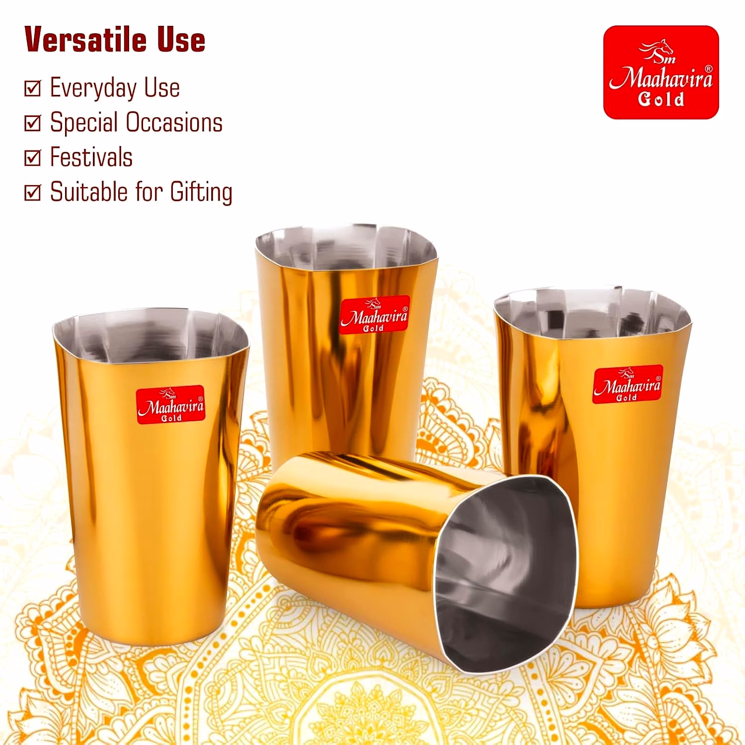 Maahavira Gold Iconic Square Shape Gold Coating Matte Finish Glasses Deal for Water, Juice, Hot-Cold Drinks, Cocktail, Milkshake, Smoothie, Home, Party, Restaurant, Gifting, 250 ml - Set of 6 image 3