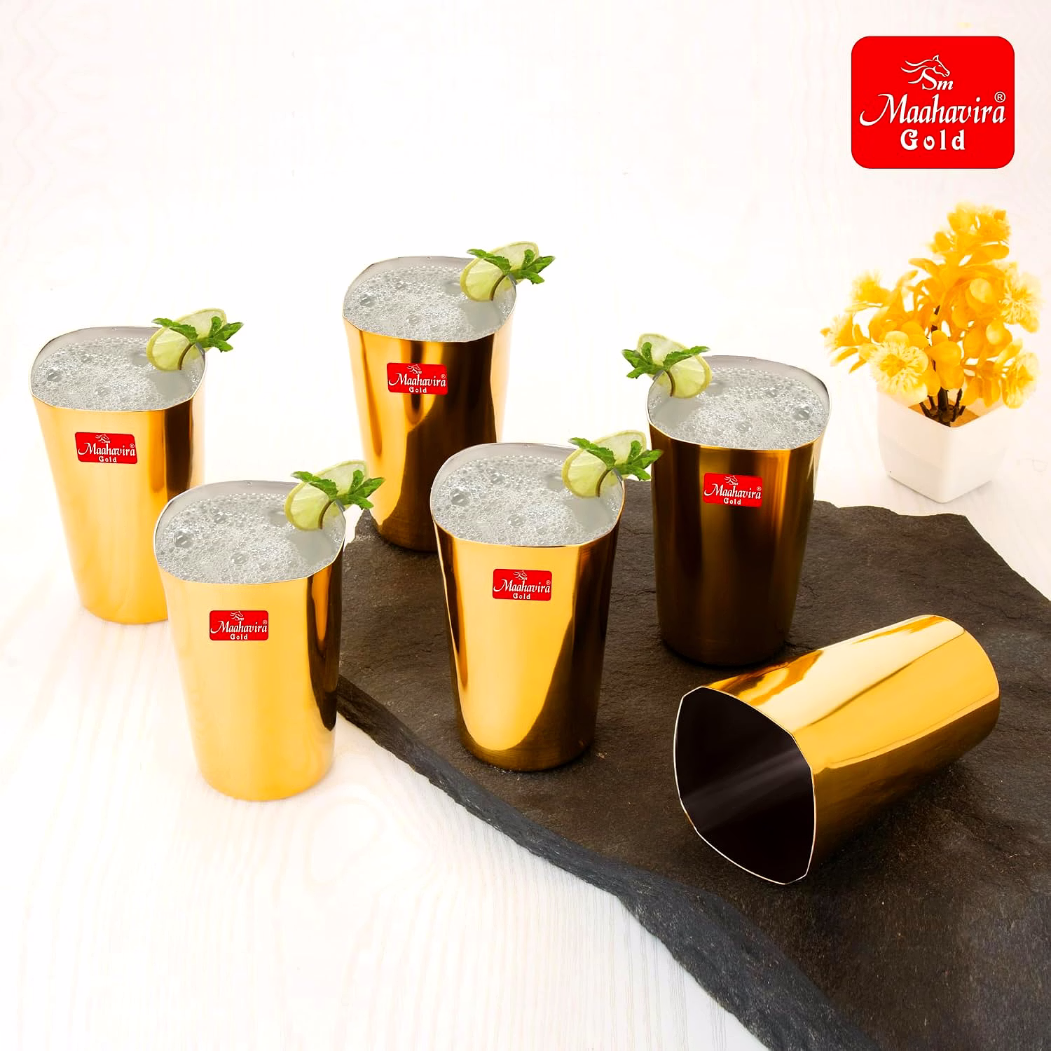 Maahavira Gold Iconic Square Shape Gold Coating Matte Finish Glasses Deal for Water, Juice, Hot-Cold Drinks, Cocktail, Milkshake, Smoothie, Home, Party, Restaurant, Gifting, 250 ml - Set of 6 image 5