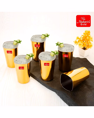 Maahavira Gold Iconic Square Shape Gold Coating Matte Finish Glasses Deal for Water, Juice, Hot-Cold Drinks, Cocktail, Milkshake, Smoothie, Home, Party, Restaurant, Gifting, 250 ml - Set of 6-4