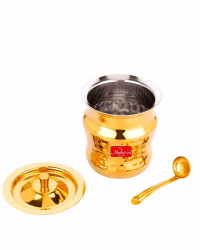 Maahavira Gold Coil Duster Stainless Steel Gold Coating Ghee Pot with Spoon, Oil Pot, Multipurpose Container, Leak &amp; Drip Proof for Kitchen &amp; Dining - 250ml-SJMT-Duster-PVD-Ghepot