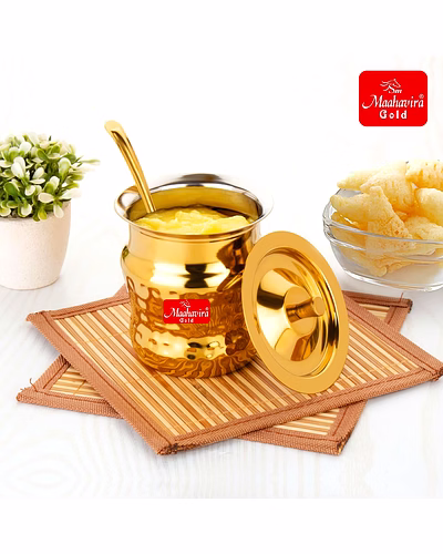 Maahavira Gold Coil Duster Stainless Steel Gold Coating Ghee Pot with Spoon, Oil Pot, Multipurpose Container, Leak &amp; Drip Proof for Kitchen &amp; Dining - 250ml-1