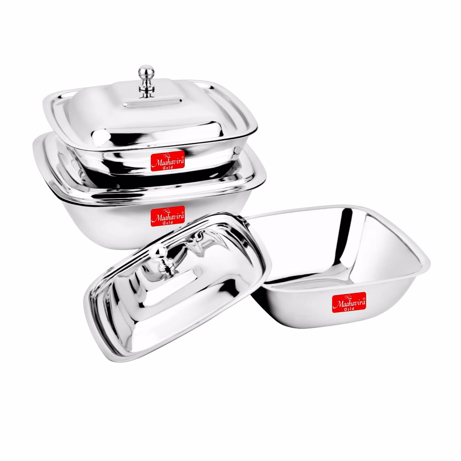 maahavira gold stainless steel square shape serving bowls with lid, food grade, ideal for serving salads, fruits, snacks, 380 ml, 550 ml and 750 ml- set of 3