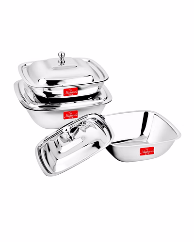 Maahavira Gold Stainless Steel Square Shape Serving Bowls with Lid, Food Grade, Ideal for Serving Salads, Fruits, Snacks, 380 ml, 550 ml and 750 ml- Set of 3-SJMT-SQR-Bowls-Set3