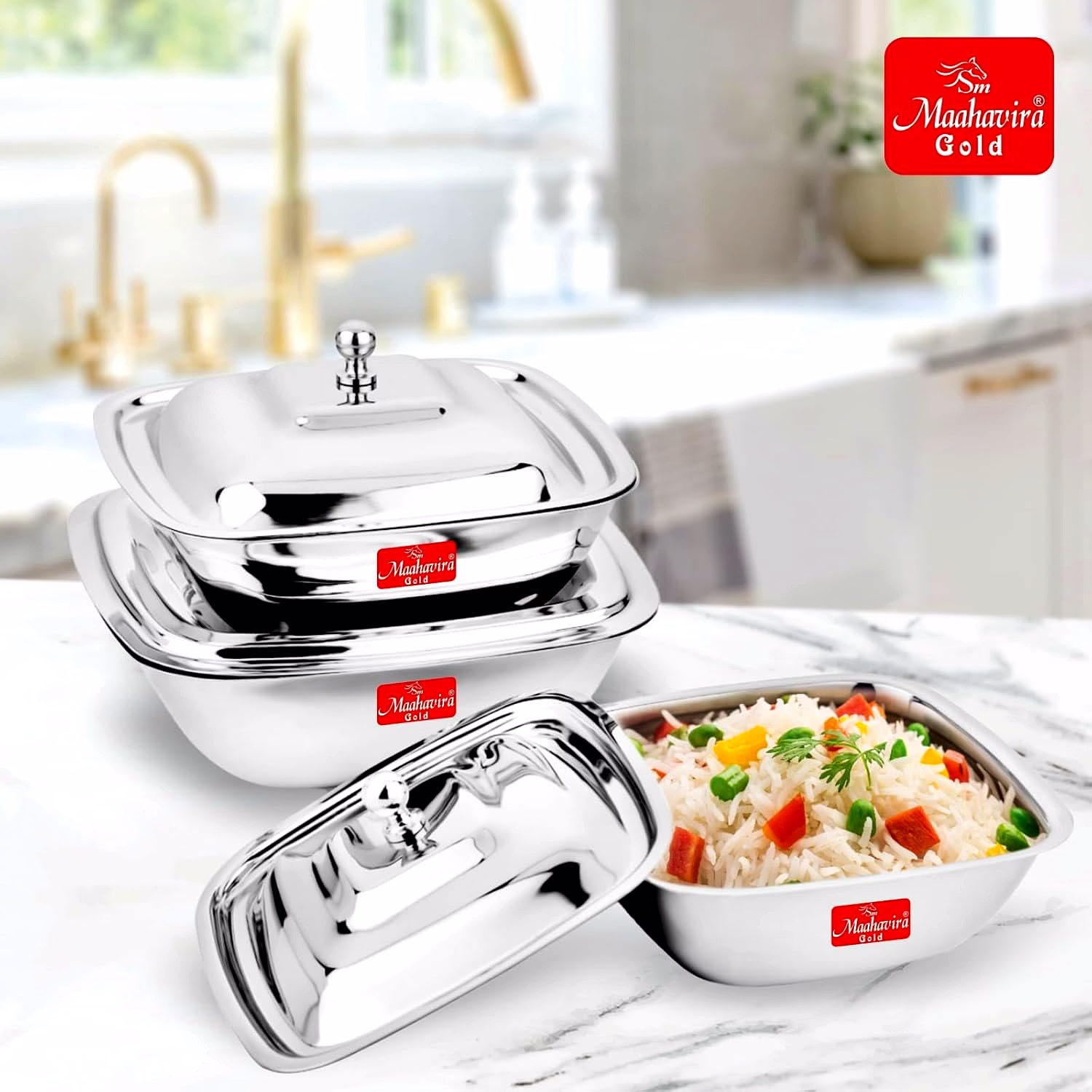 Maahavira Gold Stainless Steel Square Shape Serving Bowls with Lid, Food Grade, Ideal for Serving Salads, Fruits, Snacks, 380 ml, 550 ml and 750 ml- Set of 3 image 2