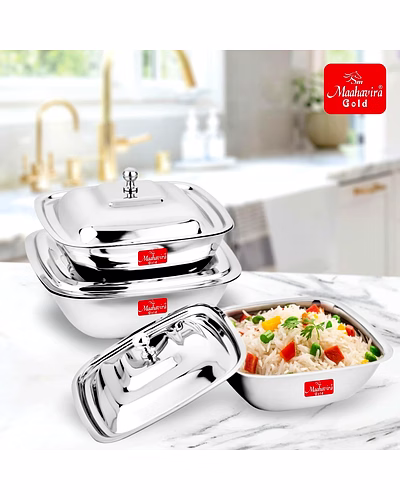 Maahavira Gold Stainless Steel Square Shape Serving Bowls with Lid, Food Grade, Ideal for Serving Salads, Fruits, Snacks, 380 ml, 550 ml and 750 ml- Set of 3-1