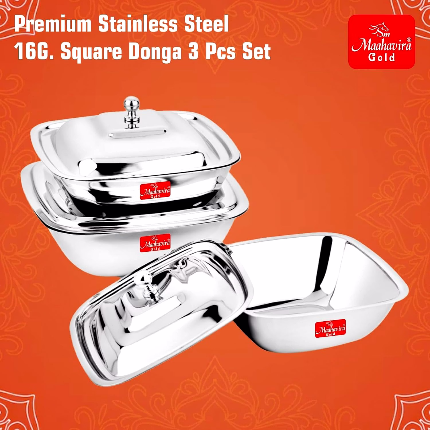 Maahavira Gold Stainless Steel Square Shape Serving Bowls with Lid, Food Grade, Ideal for Serving Salads, Fruits, Snacks, 380 ml, 550 ml and 750 ml- Set of 3 image 3