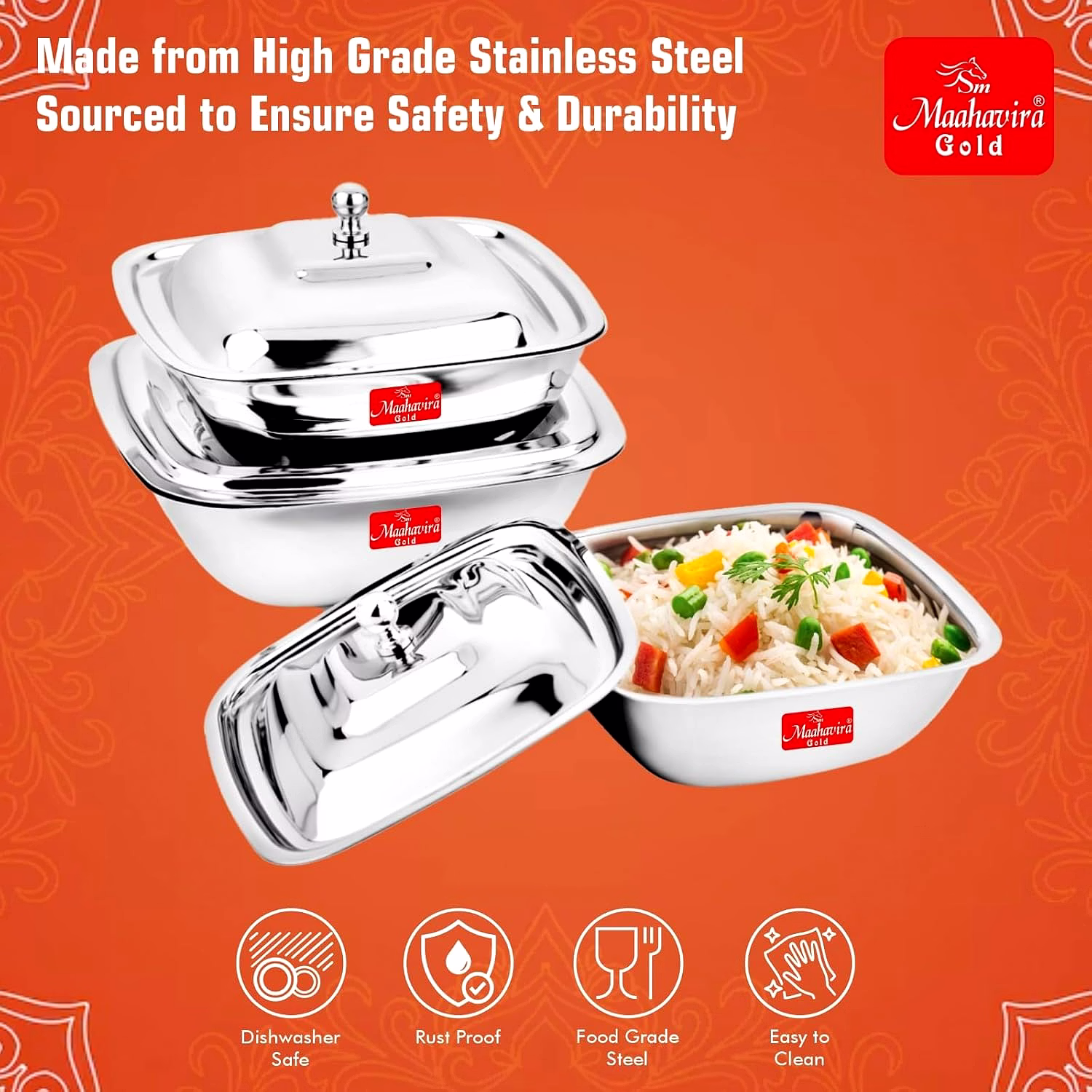 Maahavira Gold Stainless Steel Square Shape Serving Bowls with Lid, Food Grade, Ideal for Serving Salads, Fruits, Snacks, 380 ml, 550 ml and 750 ml- Set of 3 image 4