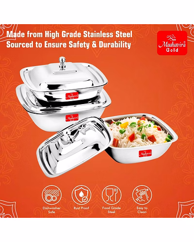 Maahavira Gold Stainless Steel Square Shape Serving Bowls with Lid, Food Grade, Ideal for Serving Salads, Fruits, Snacks, 380 ml, 550 ml and 750 ml- Set of 3-3