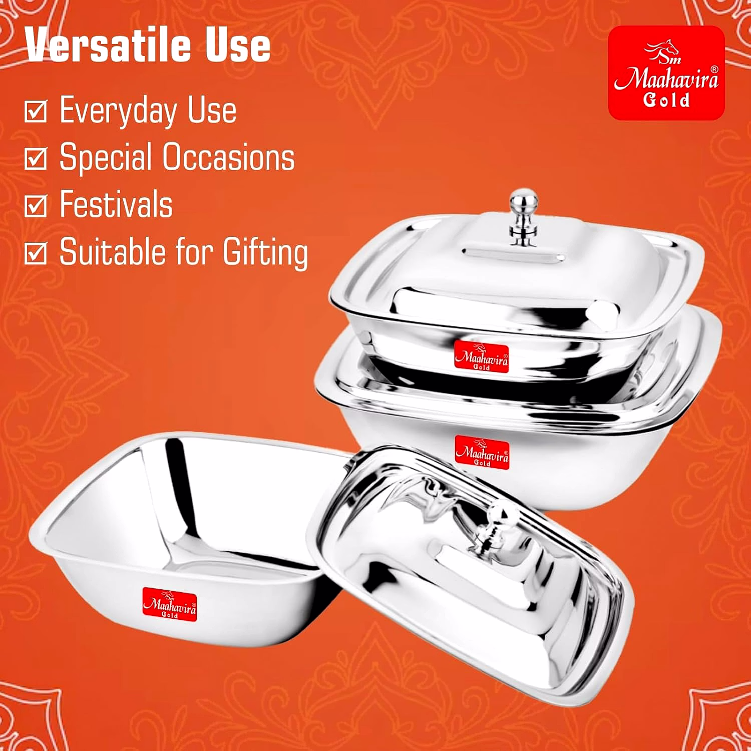 Maahavira Gold Stainless Steel Square Shape Serving Bowls with Lid, Food Grade, Ideal for Serving Salads, Fruits, Snacks, 380 ml, 550 ml and 750 ml- Set of 3 image 5