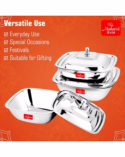 Maahavira Gold Stainless Steel Square Shape Serving Bowls with Lid, Food Grade, Ideal for Serving Salads, Fruits, Snacks, 380 ml, 550 ml and 750 ml- Set of 3-4