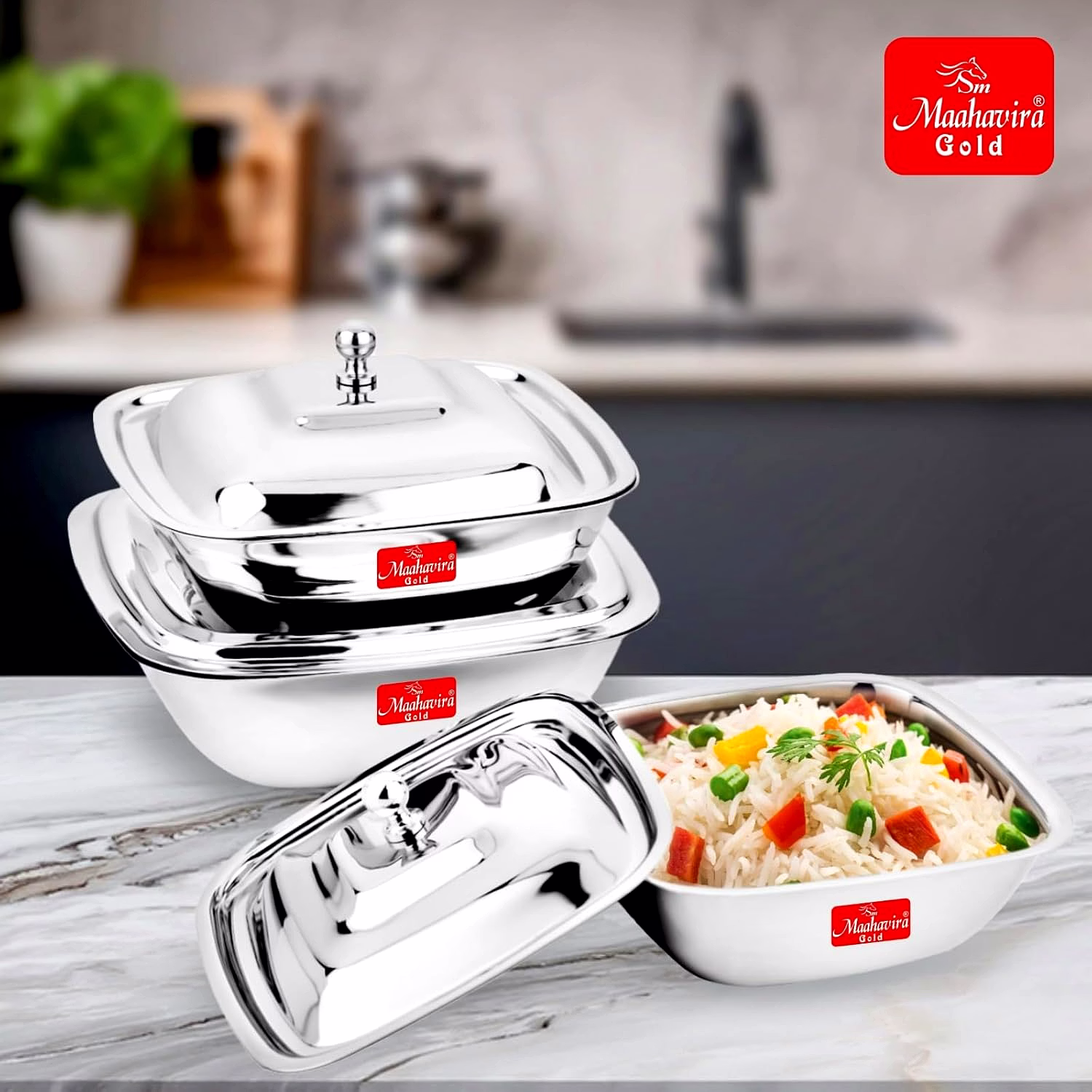 Maahavira Gold Stainless Steel Square Shape Serving Bowls with Lid, Food Grade, Ideal for Serving Salads, Fruits, Snacks, 380 ml, 550 ml and 750 ml- Set of 3 image 6