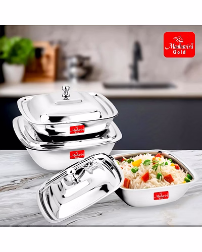 Maahavira Gold Stainless Steel Square Shape Serving Bowls with Lid, Food Grade, Ideal for Serving Salads, Fruits, Snacks, 380 ml, 550 ml and 750 ml- Set of 3-5