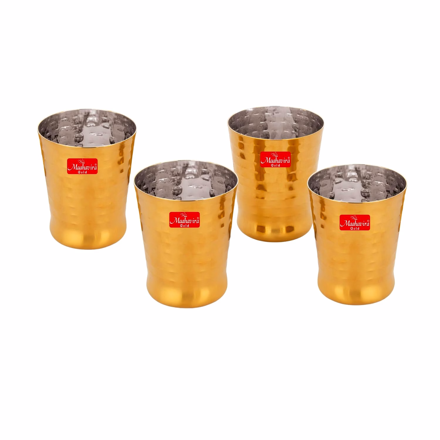 maahavira gold iconic spice gold coating finish hammered glasses ideal for water, juice, hot-cold drinks, cocktail, milkshake, smoothie, home, party, restaurant, gifting, 300 ml - set of 4