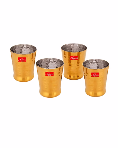Maahavira Gold Iconic Spice Gold Coating Finish Hammered Glasses Ideal for Water, Juice, Hot-Cold Drinks, Cocktail, Milkshake, Smoothie, Home, Party, Restaurant, Gifting, 300 ml - Set of 4-SJMT-Spic-GLS-PVD-Set4