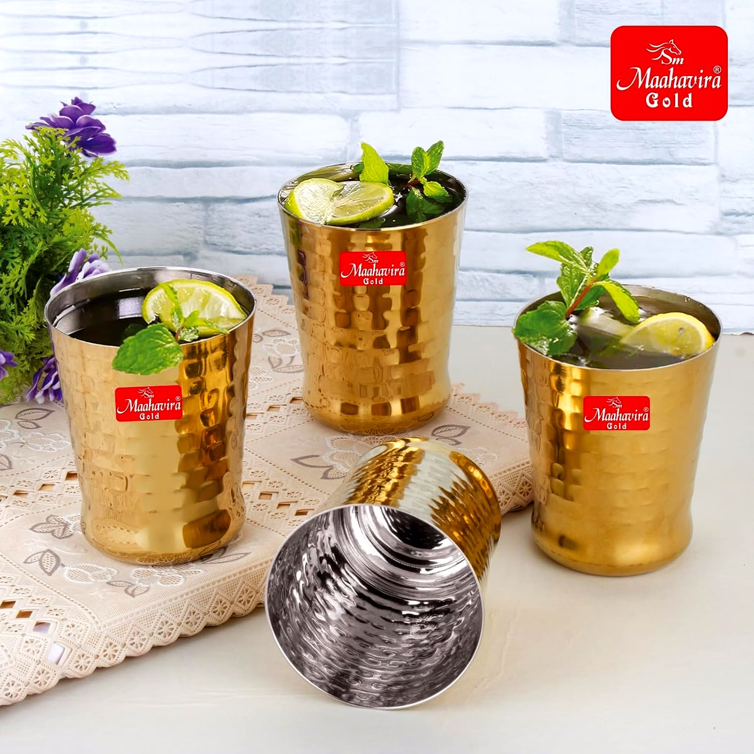 Maahavira Gold Iconic Spice Gold Coating Finish Hammered Glasses Ideal for Water, Juice, Hot-Cold Drinks, Cocktail, Milkshake, Smoothie, Home, Party, Restaurant, Gifting, 300 ml - Set of 4 image 2