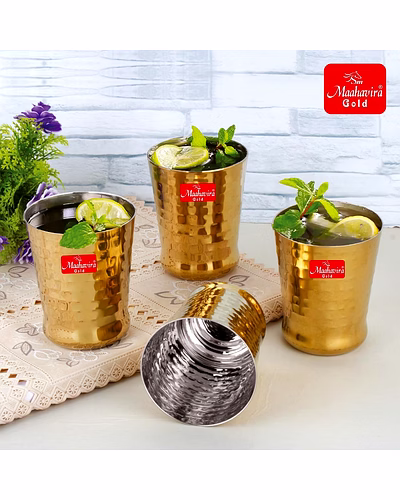 Maahavira Gold Iconic Spice Gold Coating Finish Hammered Glasses Ideal for Water, Juice, Hot-Cold Drinks, Cocktail, Milkshake, Smoothie, Home, Party, Restaurant, Gifting, 300 ml - Set of 4-1