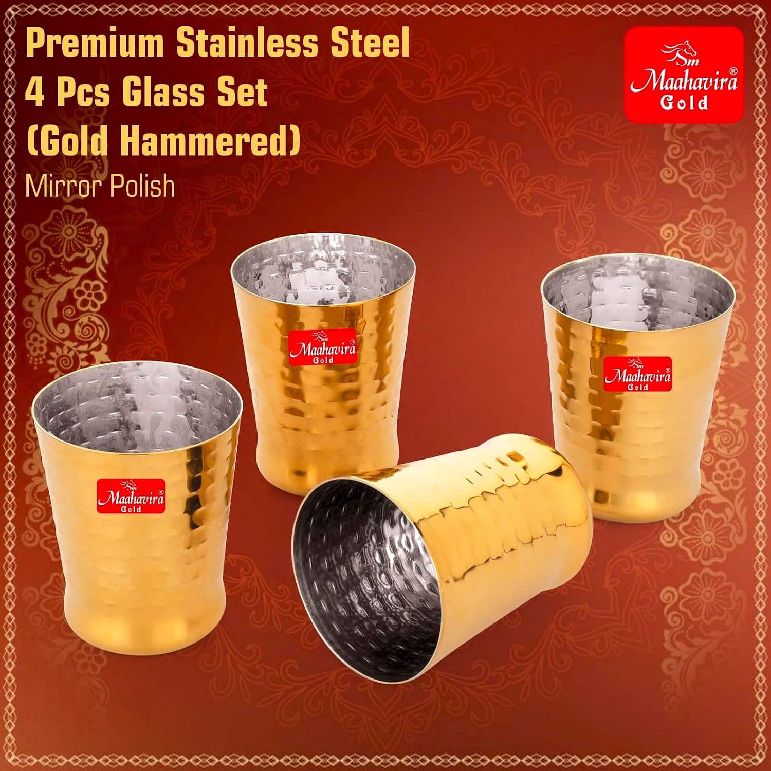 Maahavira Gold Iconic Spice Gold Coating Finish Hammered Glasses Ideal for Water, Juice, Hot-Cold Drinks, Cocktail, Milkshake, Smoothie, Home, Party, Restaurant, Gifting, 300 ml - Set of 4 image 3