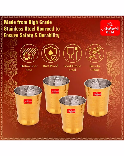 Maahavira Gold Iconic Spice Gold Coating Finish Hammered Glasses Ideal for Water, Juice, Hot-Cold Drinks, Cocktail, Milkshake, Smoothie, Home, Party, Restaurant, Gifting, 300 ml - Set of 4-3