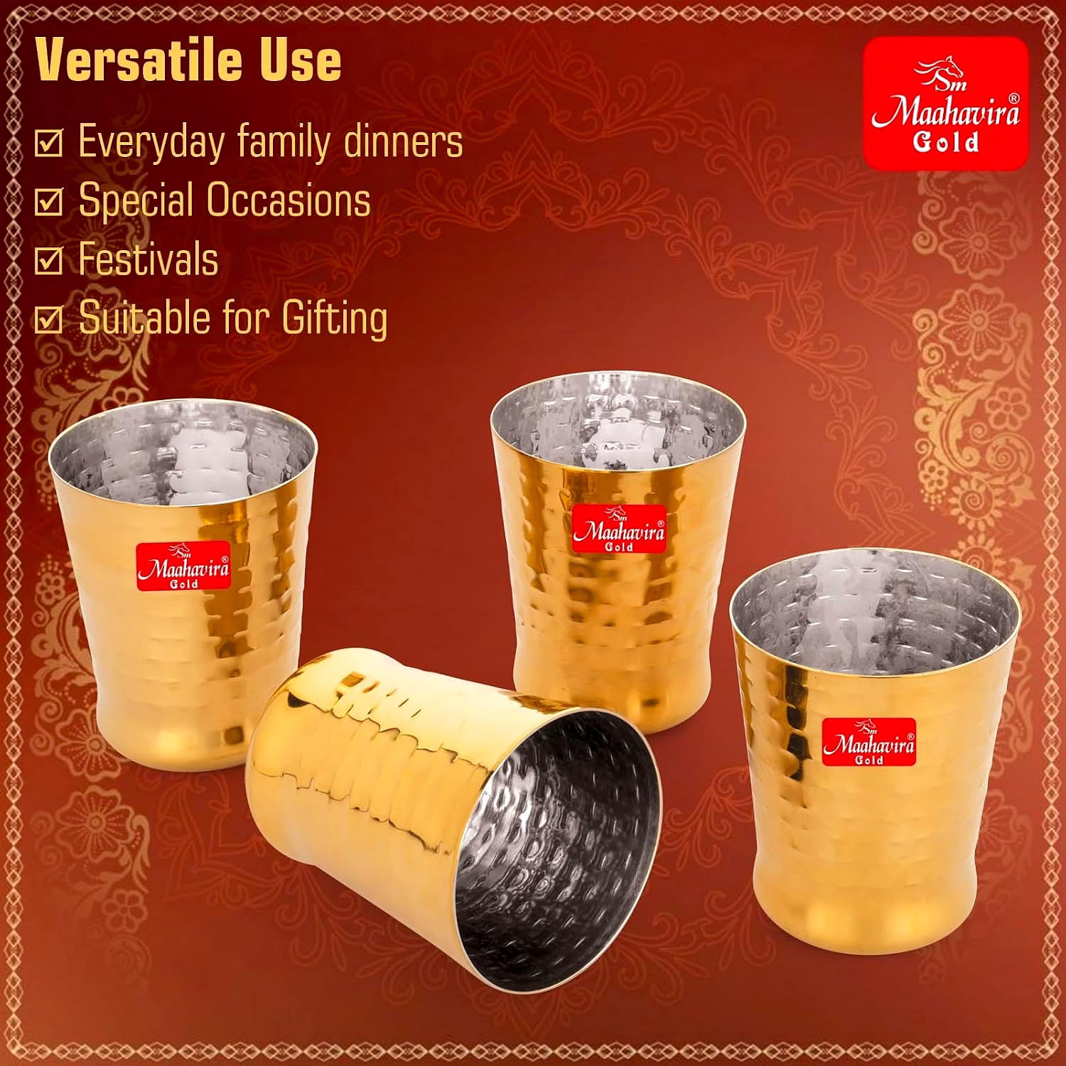 Maahavira Gold Iconic Spice Gold Coating Finish Hammered Glasses Ideal for Water, Juice, Hot-Cold Drinks, Cocktail, Milkshake, Smoothie, Home, Party, Restaurant, Gifting, 300 ml - Set of 4 image 5