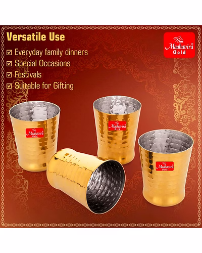 Maahavira Gold Iconic Spice Gold Coating Finish Hammered Glasses Ideal for Water, Juice, Hot-Cold Drinks, Cocktail, Milkshake, Smoothie, Home, Party, Restaurant, Gifting, 300 ml - Set of 4-4