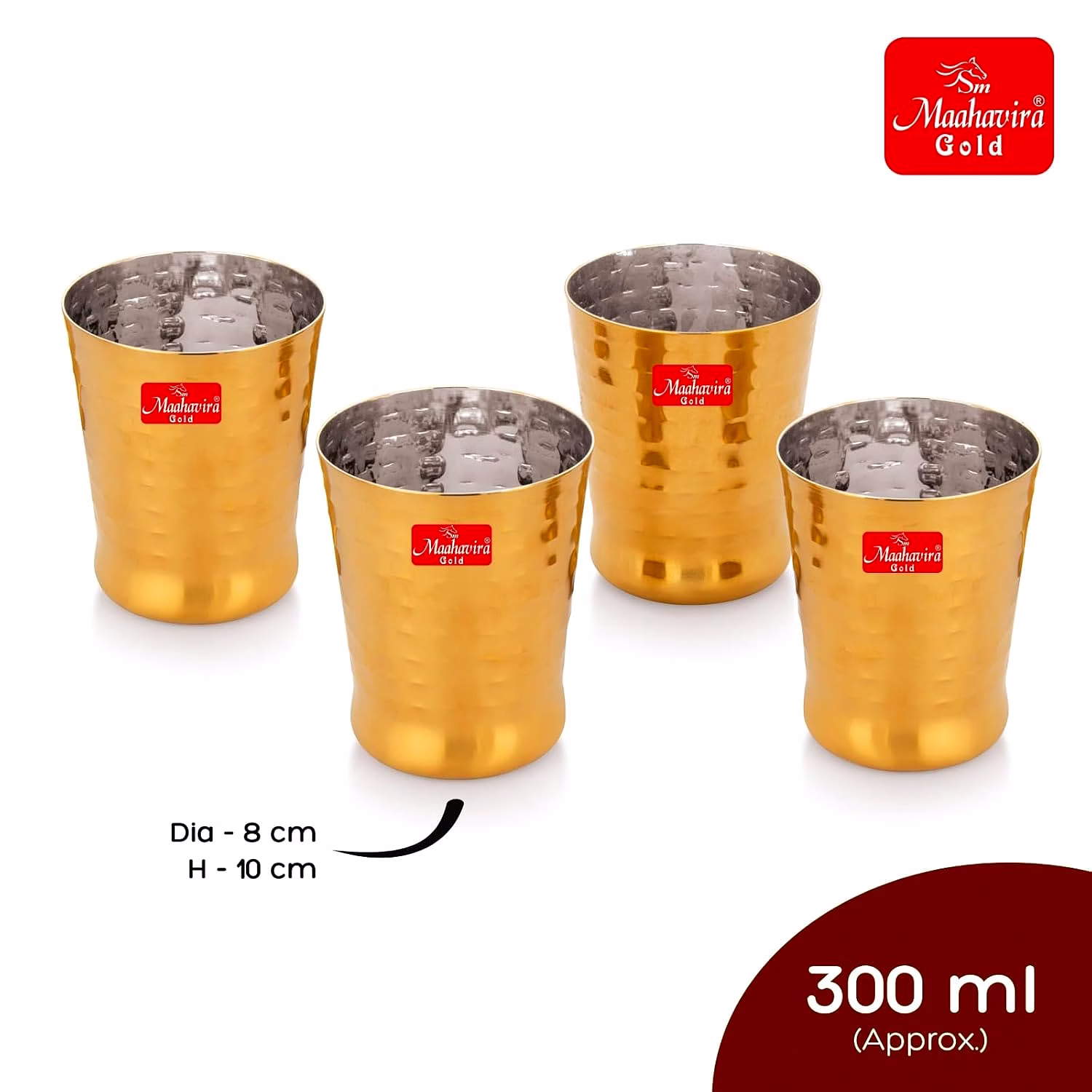 Maahavira Gold Iconic Spice Gold Coating Finish Hammered Glasses Ideal for Water, Juice, Hot-Cold Drinks, Cocktail, Milkshake, Smoothie, Home, Party, Restaurant, Gifting, 300 ml - Set of 4 image 6