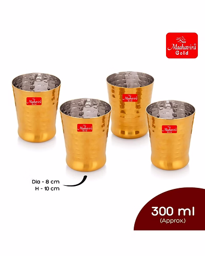 Maahavira Gold Iconic Spice Gold Coating Finish Hammered Glasses Ideal for Water, Juice, Hot-Cold Drinks, Cocktail, Milkshake, Smoothie, Home, Party, Restaurant, Gifting, 300 ml - Set of 4-5
