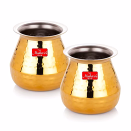 maahavira gold stainless steel pvd hammered satarri lota for drinking water, milk, lassi, and pooja, traditional kalash lota for pooja, 250 ml - set of 2