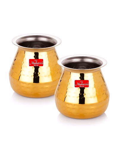 Maahavira Gold Stainless Steel PVD Hammered Satarri Lota for Drinking Water, Milk, Lassi, and Pooja, Traditional Kalash Lota for Pooja, 250 ml - Set of 2-SJMT-STRI-Lot-Ham-Set2
