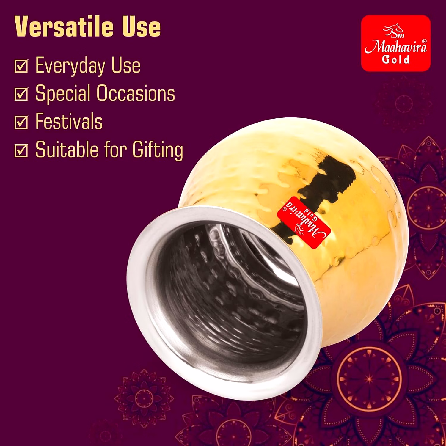 Maahavira Gold Stainless Steel PVD Hammered Satarri Lota for Drinking Water, Milk, Lassi, and Pooja, Traditional Kalash Lota for Pooja, 250 ml - Set of 2 image 4
