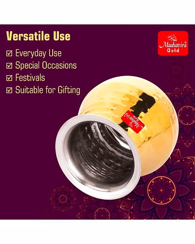 Maahavira Gold Stainless Steel PVD Hammered Satarri Lota for Drinking Water, Milk, Lassi, and Pooja, Traditional Kalash Lota for Pooja, 250 ml - Set of 2-3
