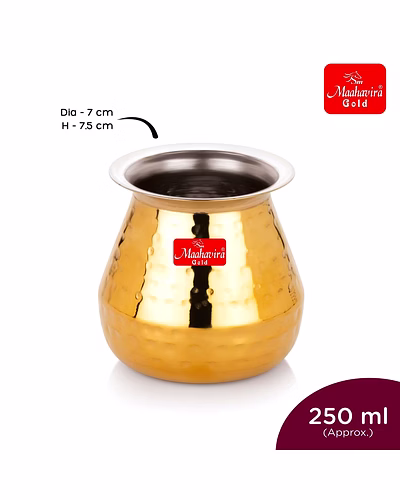 Maahavira Gold Stainless Steel PVD Hammered Satarri Lota for Drinking Water, Milk, Lassi, and Pooja, Traditional Kalash Lota for Pooja, 250 ml - Set of 2-4