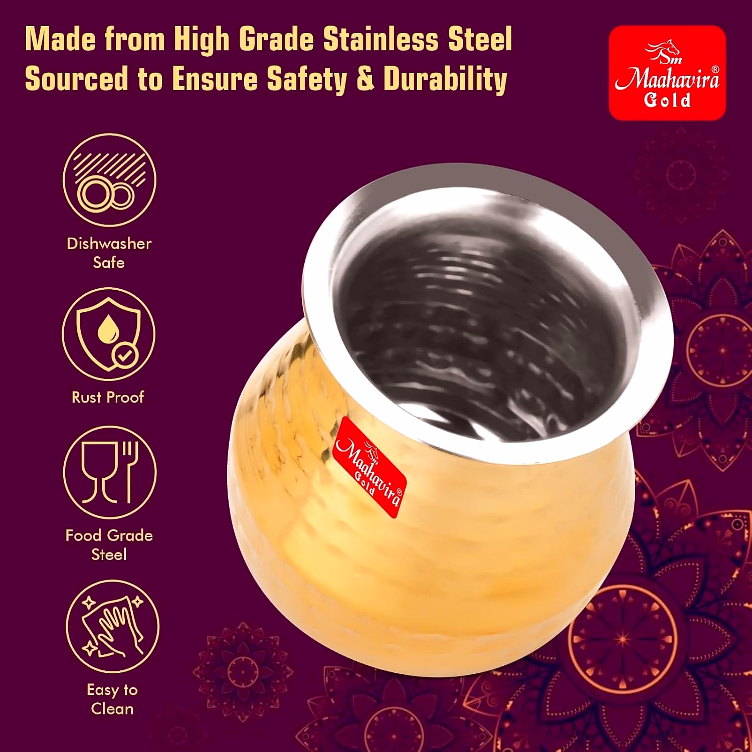 Maahavira Gold Stainless Steel PVD Hammered Satarri Lota for Drinking Water, Milk, Lassi, and Pooja, Traditional Kalash Lota for Pooja, 250 ml - Set of 2 image 6