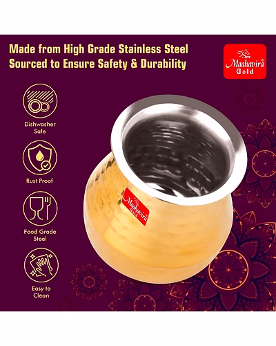 Maahavira Gold Stainless Steel PVD Hammered Satarri Lota for Drinking Water, Milk, Lassi, and Pooja, Traditional Kalash Lota for Pooja, 250 ml - Set of 2-5