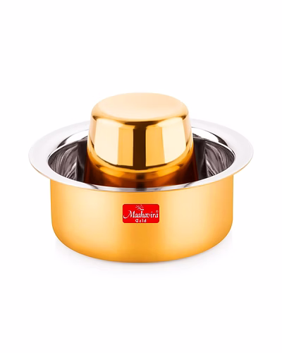 Maahavira Gold Glossy PVD Coffee Dabara Tumbler - South Indian Filter Coffee Stainless Steel Kappi Traditional Kumbakonam Dabara (Cup + Tumbler) 200 ml, Set of 2 - Gold-SJMT-Dabr-Glsy-PVD-Set2