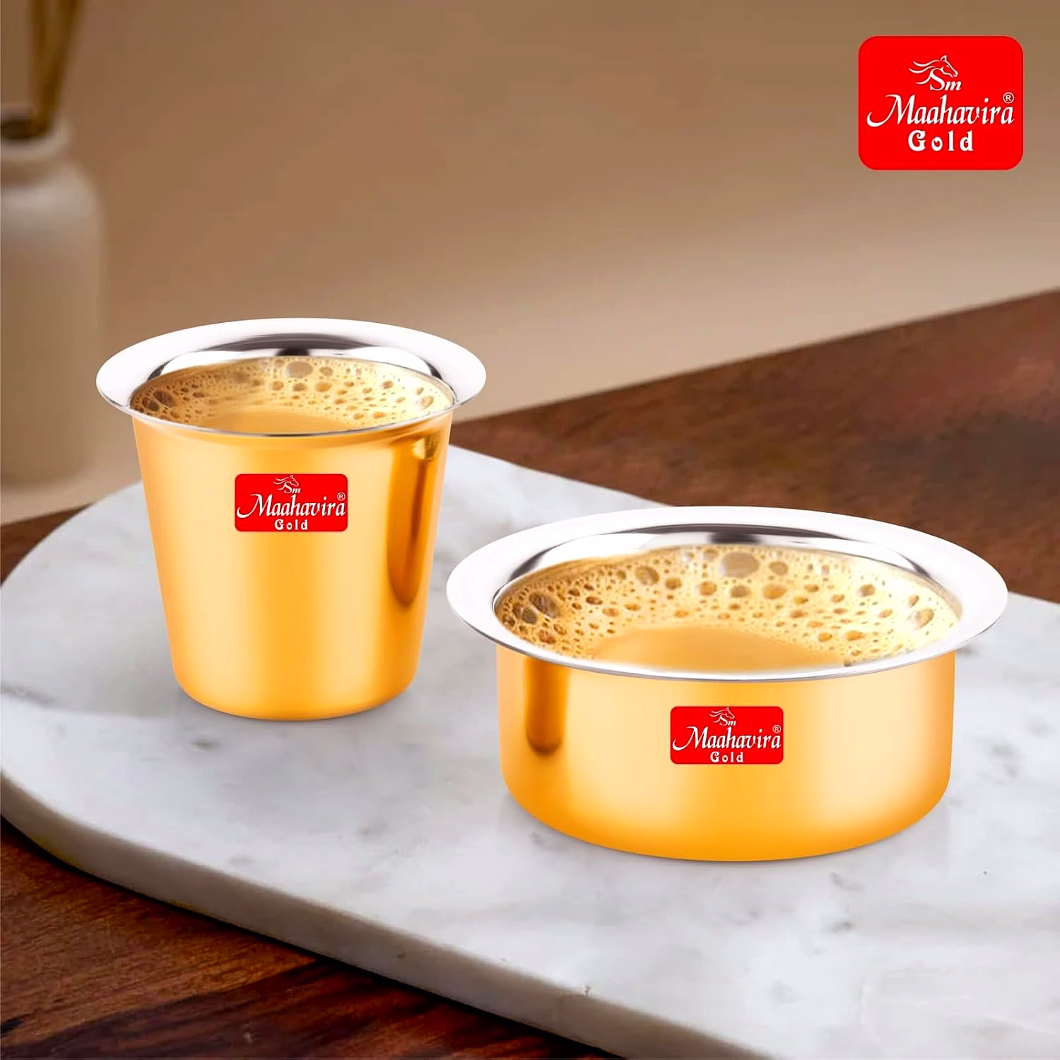 Maahavira Gold Glossy PVD Coffee Dabara Tumbler - South Indian Filter Coffee Stainless Steel Kappi Traditional Kumbakonam Dabara (Cup + Tumbler) 200 ml, Set of 2 - Gold image 2