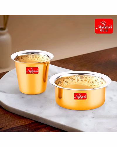 Maahavira Gold Glossy PVD Coffee Dabara Tumbler - South Indian Filter Coffee Stainless Steel Kappi Traditional Kumbakonam Dabara (Cup + Tumbler) 200 ml, Set of 2 - Gold-1