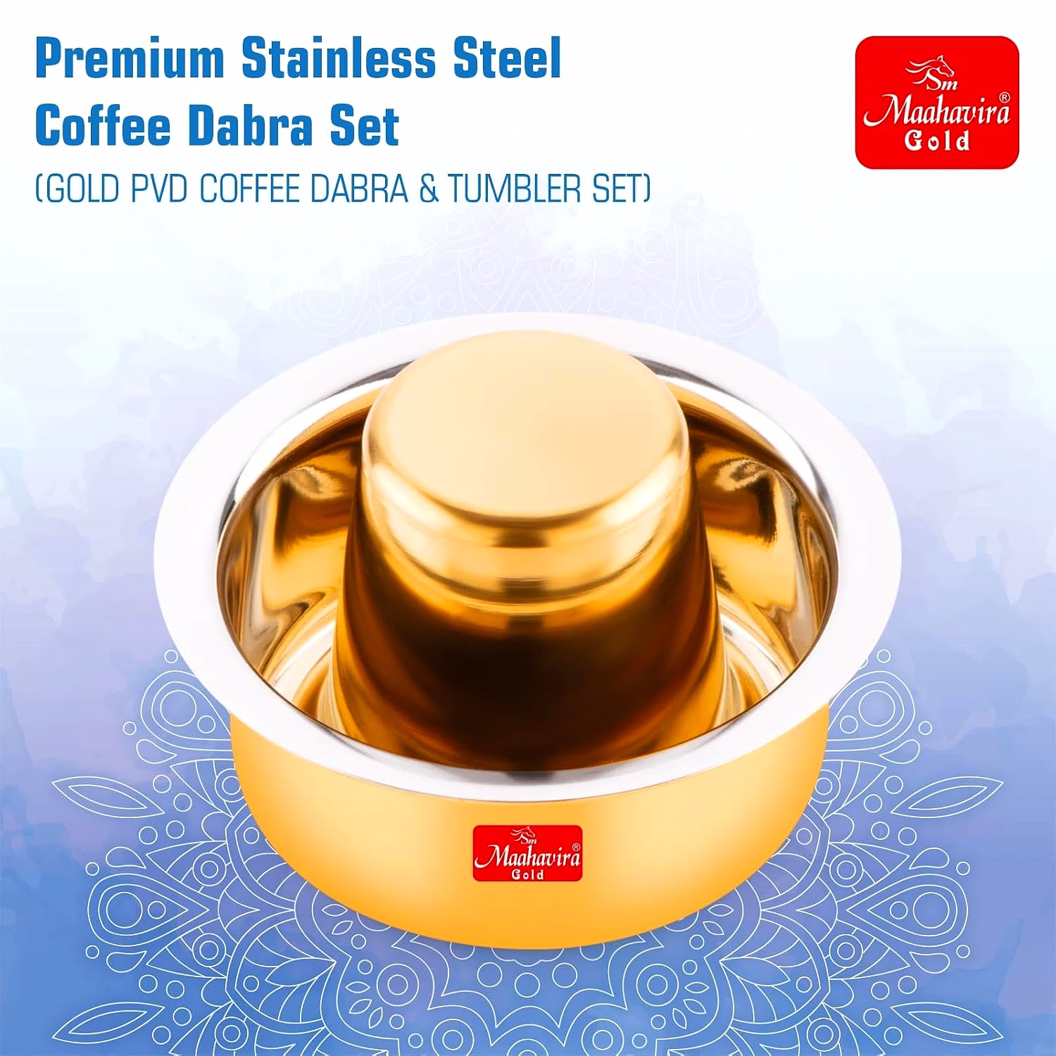 Maahavira Gold Glossy PVD Coffee Dabara Tumbler - South Indian Filter Coffee Stainless Steel Kappi Traditional Kumbakonam Dabara (Cup + Tumbler) 200 ml, Set of 2 - Gold image 3