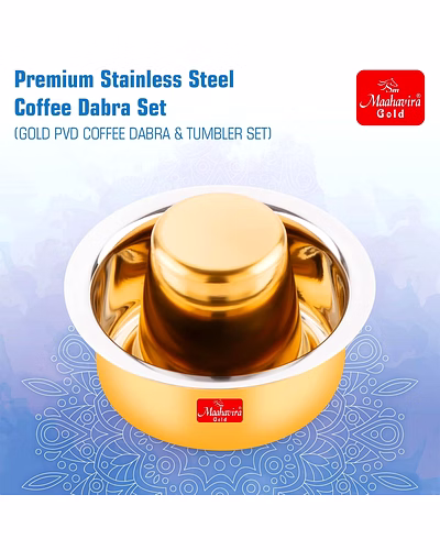 Maahavira Gold Glossy PVD Coffee Dabara Tumbler - South Indian Filter Coffee Stainless Steel Kappi Traditional Kumbakonam Dabara (Cup + Tumbler) 200 ml, Set of 2 - Gold-2
