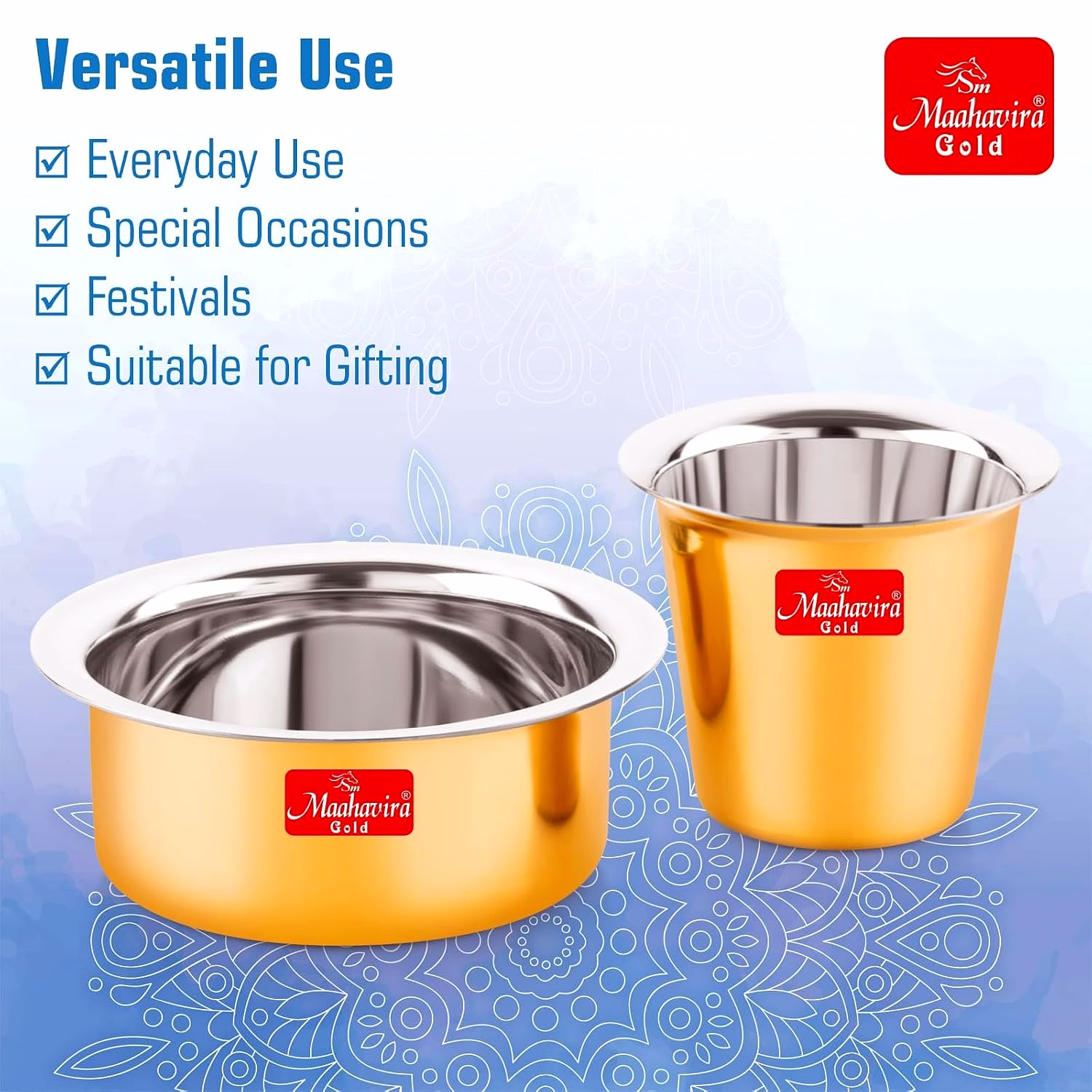 Maahavira Gold Glossy PVD Coffee Dabara Tumbler - South Indian Filter Coffee Stainless Steel Kappi Traditional Kumbakonam Dabara (Cup + Tumbler) 200 ml, Set of 2 - Gold image 4