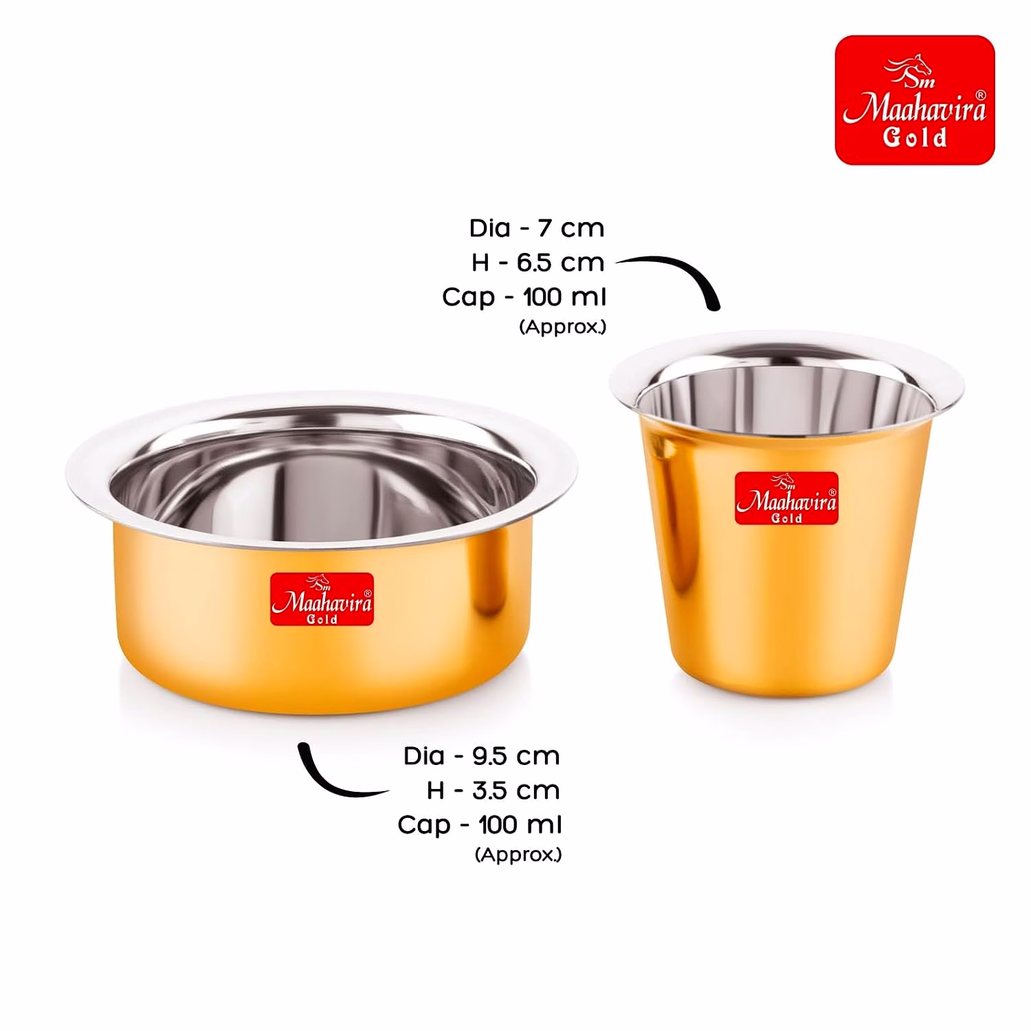 Maahavira Gold Glossy PVD Coffee Dabara Tumbler - South Indian Filter Coffee Stainless Steel Kappi Traditional Kumbakonam Dabara (Cup + Tumbler) 200 ml, Set of 2 - Gold image 5