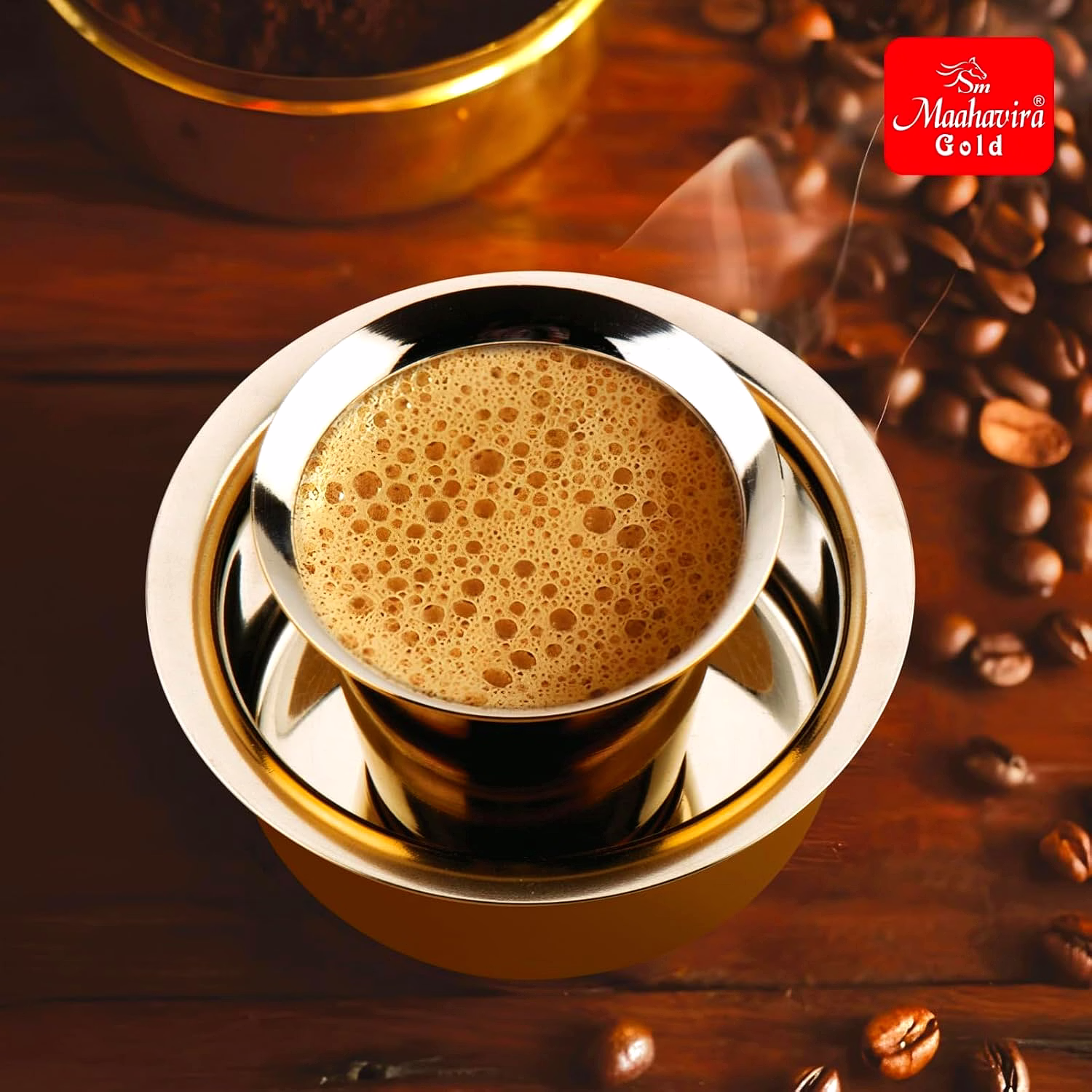 Maahavira Gold Glossy PVD Coffee Dabara Tumbler - South Indian Filter Coffee Stainless Steel Kappi Traditional Kumbakonam Dabara (Cup + Tumbler) 200 ml, Set of 2 - Gold image 6