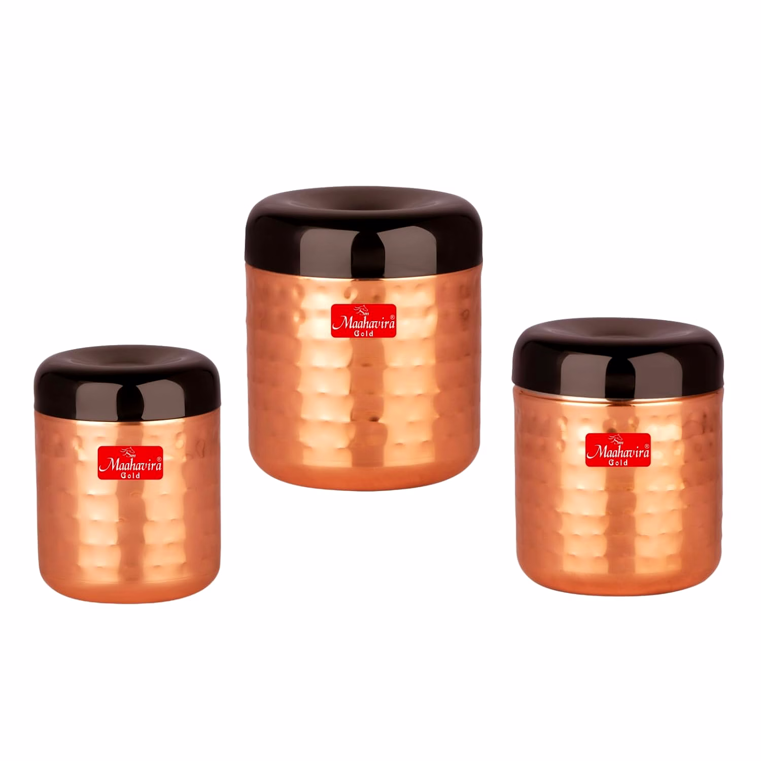 maahavira gold apple stainless steel hammered texture storage containers with air tight lid use for dry fruits, chocolates, biscuits, tea, sugar & coffee - set of 3