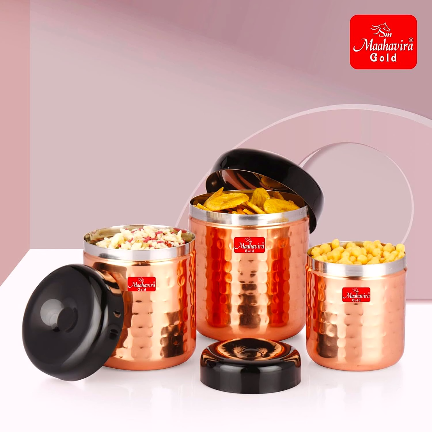 Maahavira Gold Apple Stainless Steel Hammered Texture Storage Containers with Air Tight Lid Use for Dry fruits, Chocolates, Biscuits, Tea, Sugar & Coffee - Set of 3 image 2